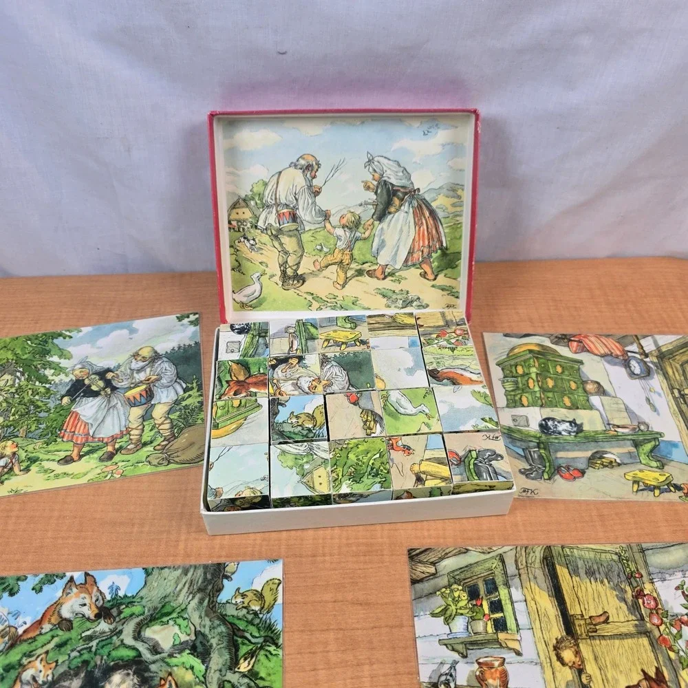 Kubus W Germany wood picture puzzle 12 block 5 guide sheets Budulinek Folk vtg